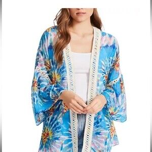 Steve Madden Crochet-Trim Tie-Dyed Kimono 31×32 Multicolor, cover up, swim shirt